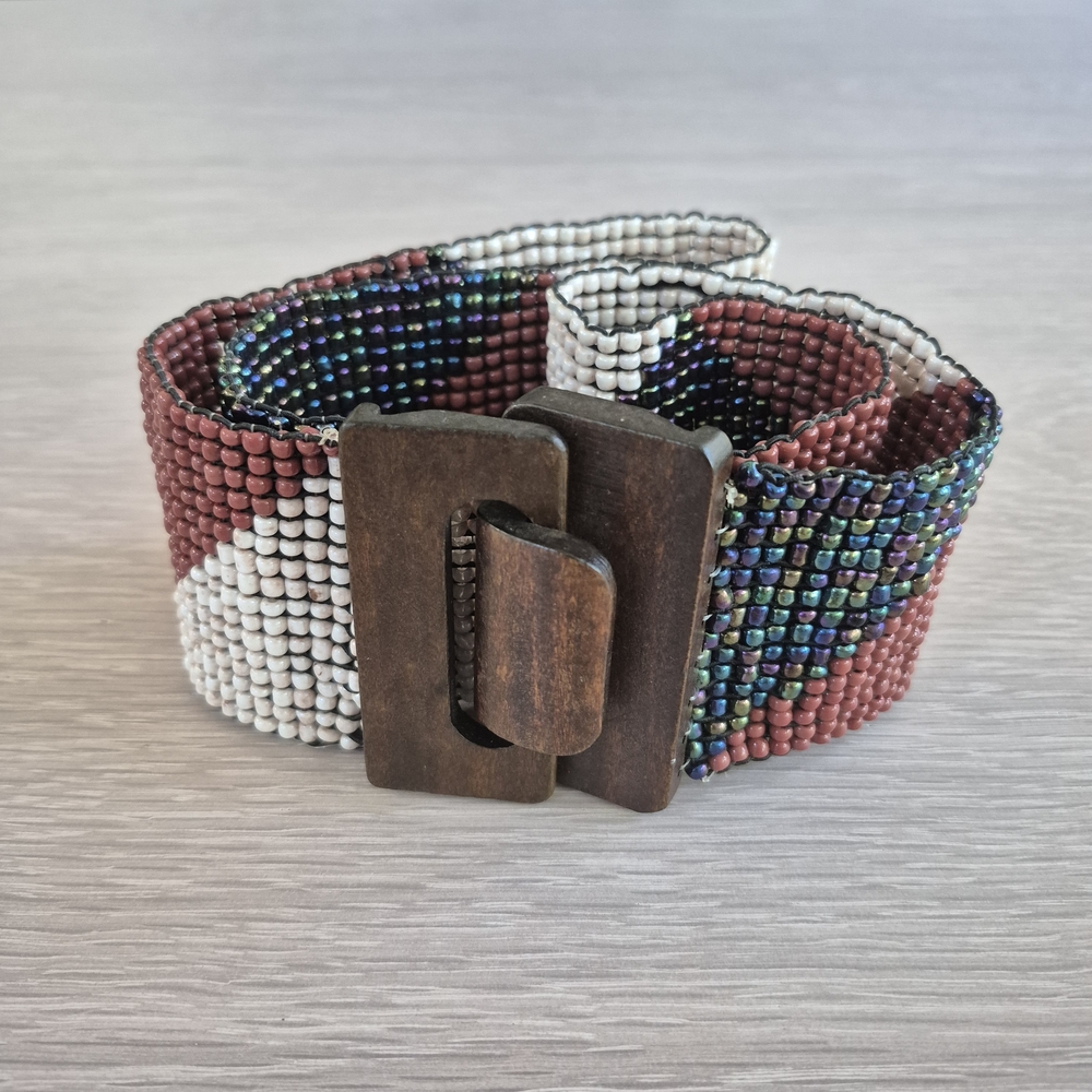 Artisan Beaded Stretch Belt with Wooden Buckle